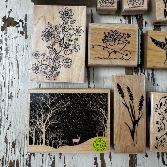 Wooden Rubber Stamp Lot Variety Bundle Scrapbooking Card Making Lot of 15 + - Picture 9 of 10